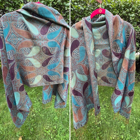 ☯️Like New Reversible Blue / Brown / Rust Paisley Pashmina/Silk/Wrap/Shawl - Picture 16 of 17